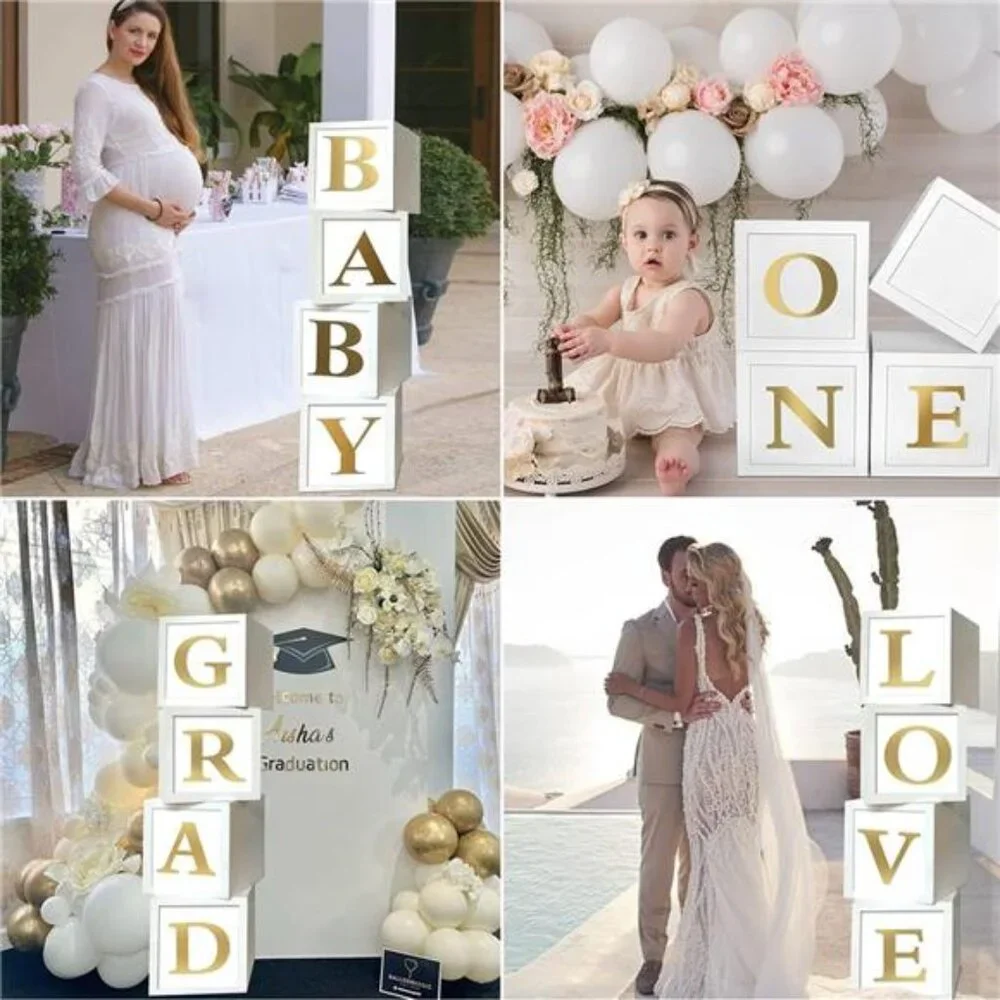 Baby Shower Boxes Party Decorations - 4pcs Stereoscopic White Gold Boxes